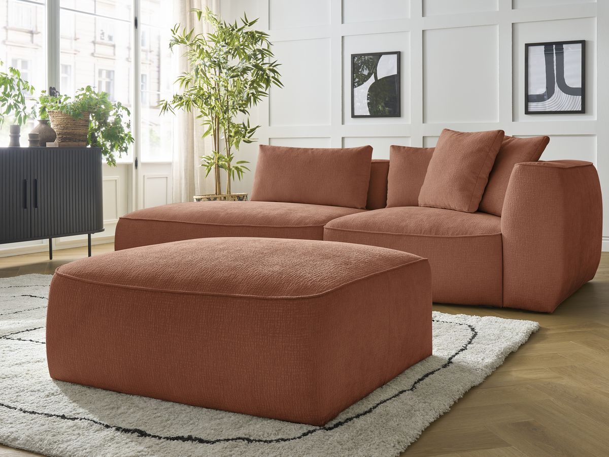 Bobochic Leopold Sofa 4-Sitzer mit Pouf Strukturstoff Orange Armlehne rechts