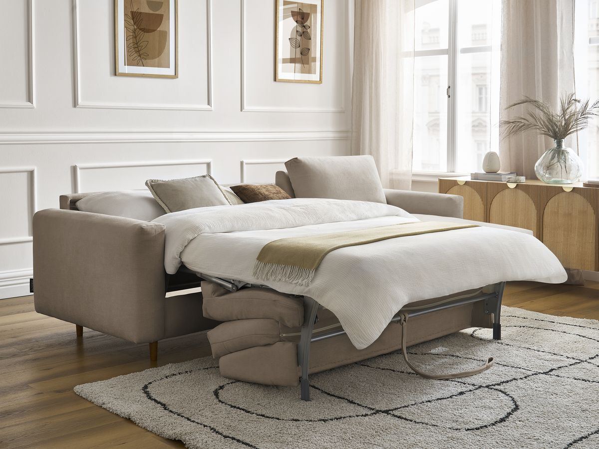 Bobochic Cocoone Ecksofa mit Schlaffunktion und Bettkasten Stoff Taupe, Liegefläche 140 × 200 cm