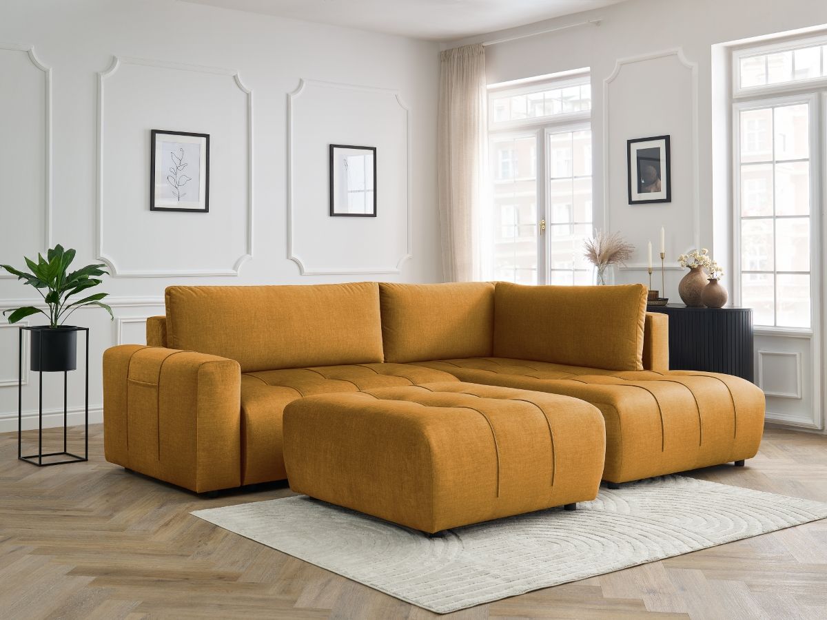 Bobochic Arsene Ecksofa mit Schlaffunktion und Bettkasten und Pouf 277 × 200 cm Samt Gelb Ecke rechts