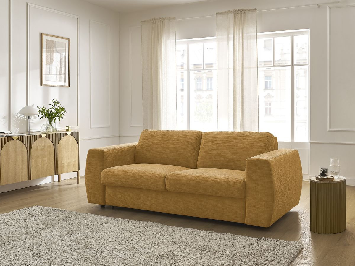 Bobochic Hugo Schlafsofa 3-Sitzer Strukturstoff Gelb, Liegefläche 160 × 190 cm