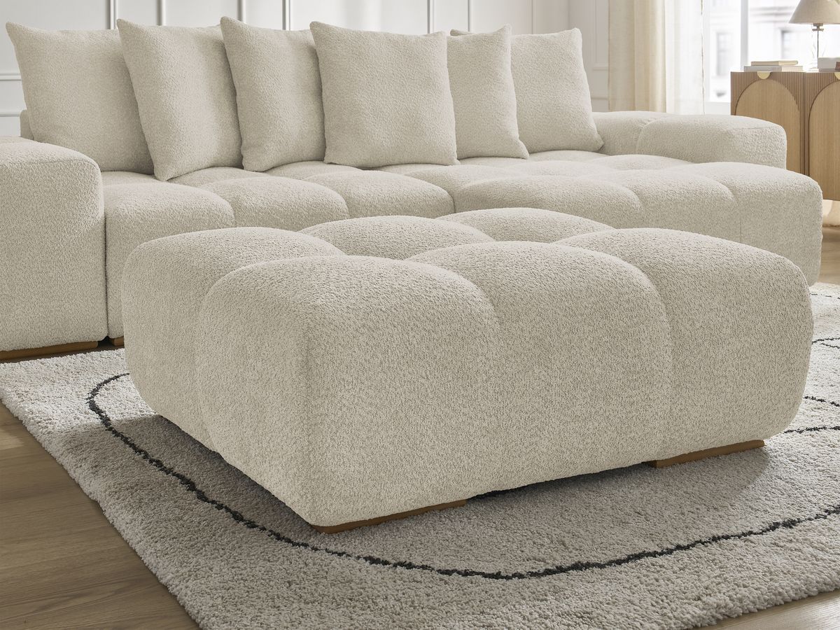Bobochic Anakin Ecksofa mit Schlaffunktion und Bettkasten und Pouf, 6 Kissen Bouclé-Stoff Beige
