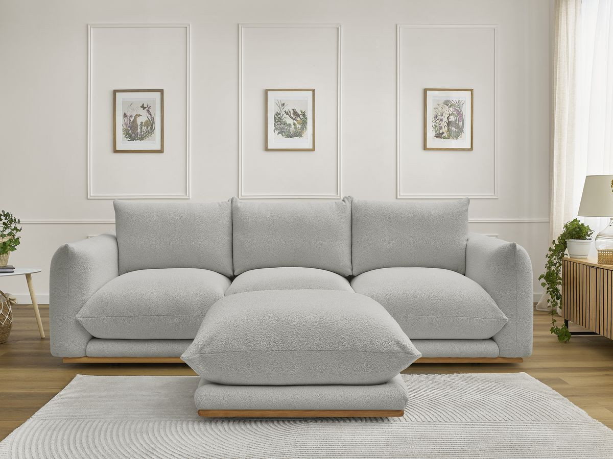 Bobochic Ernest Sofa 3-Sitzer mit Pouf 266 × 106 cm Bouclé-Stoff Hellgrau