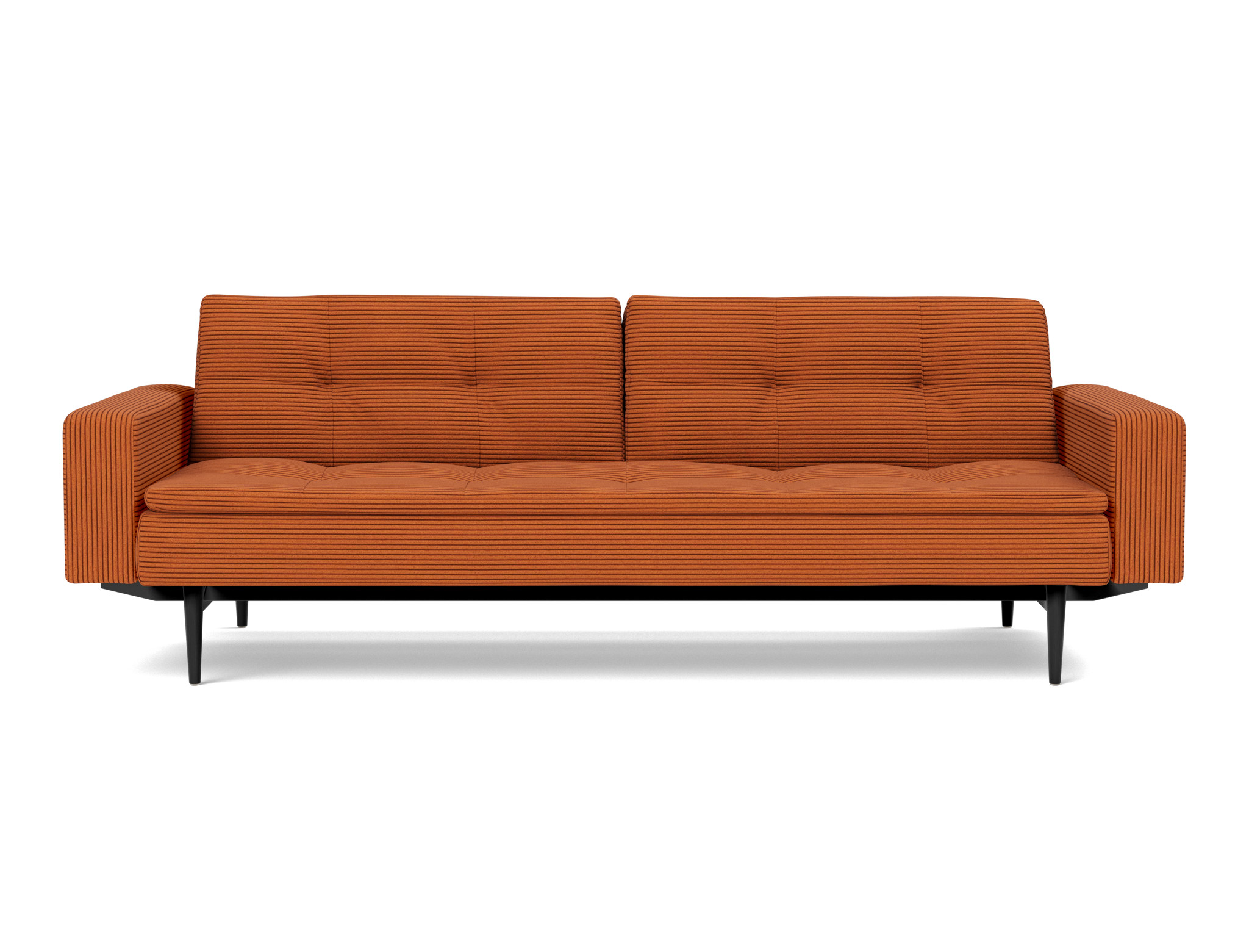 Schlafsofa Dublexo mit Armlehnen Kord Corduroy 595-Burnt-Orange Beine Styletto Eiche schwarz