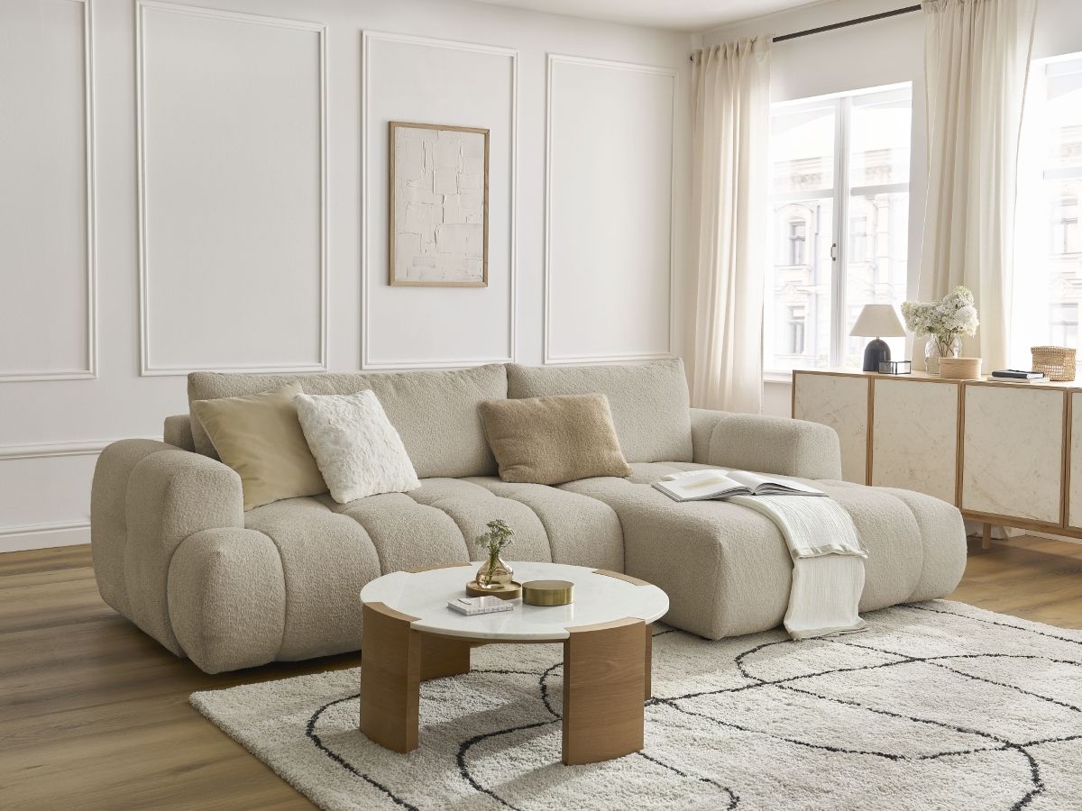 Bobochic Fuji Ecksofa mit Schlaffunktion und Bettkasten 292 × 160 cm Bouclé-Stoff Beige Ecke rechts
