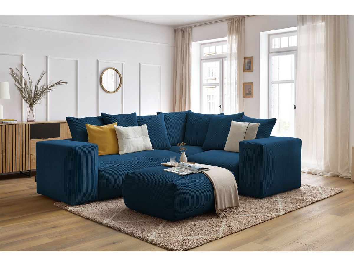 Bobochic Voltaire Ecksofa mit Pouf 268 × 214 cm Cordsamt Dunkelblau Ecke rechts
