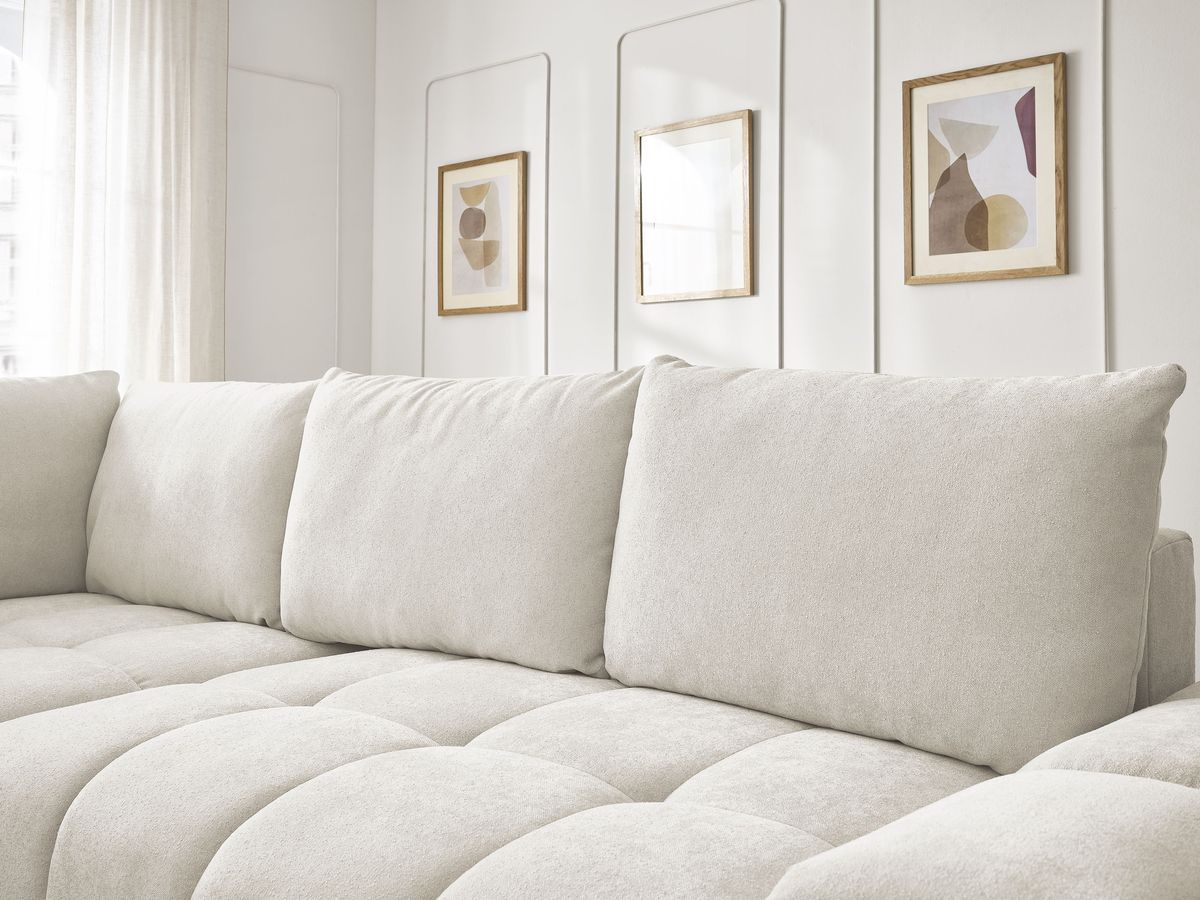 Bobochic Everest Ecksofa mit Schlaffunktion und Bettkasten 320 × 212 cm, 5 Kissen Strukturstoff Beige Ecke links