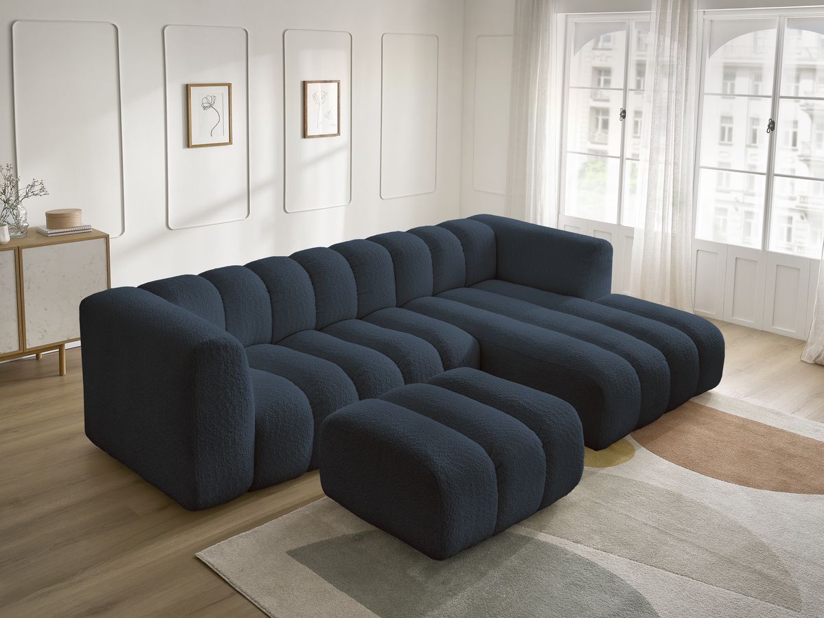 Bobochic Talia Ecksofa mit Pouf Bouclé-Stoff Dunkelblau Ecke rechts