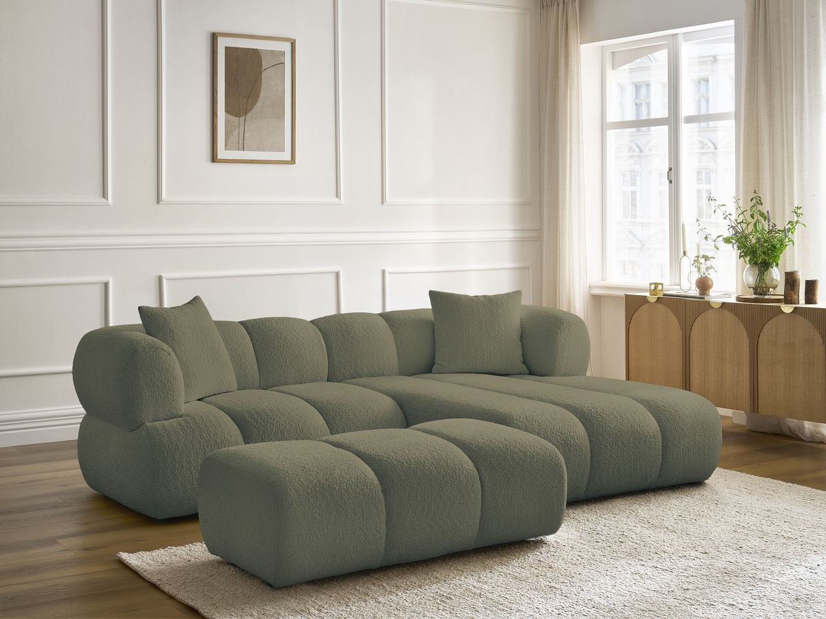 Bobochic Pamira Ecksofa mit Pouf Bouclé-Stoff Grün Ecke rechts
