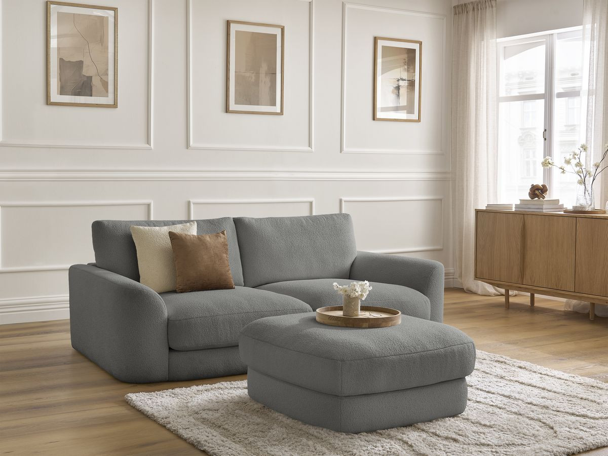 Bobochic Leonore Sofa 3-Sitzer mit Pouf Bouclé-Stoff Dunkelgrau