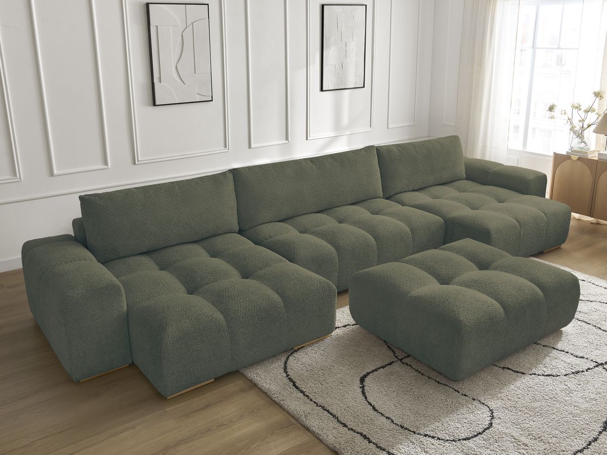Bobochic Anakin Wohnlandschaft mit Pouf, 3 Kissen Bouclé-Stoff Grün