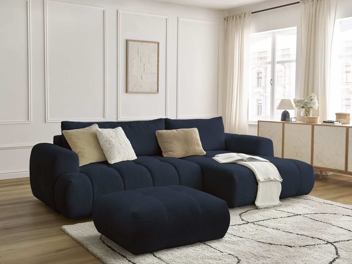 Bobochic Fuji Ecksofa mit Schlaffunktion und Bettkasten und Pouf 292 × 160 cm Bouclé-Stoff Dunkelblau Ecke rechts
