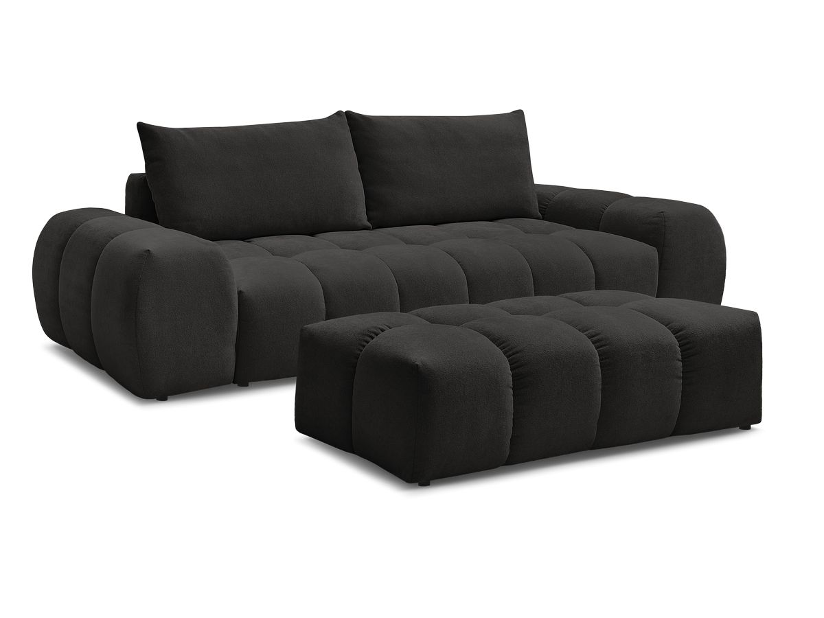 Bobochic Everest Schlafsofa 3-Sitzer mit Bettkasten und Pouf, 2 Kissen Strukturstoff Schwarz
