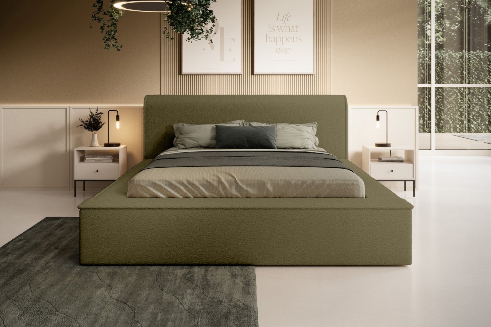 Polsterbett Calio Boucle 140x200 mit Metallrahmen Euphoria 11 Olive