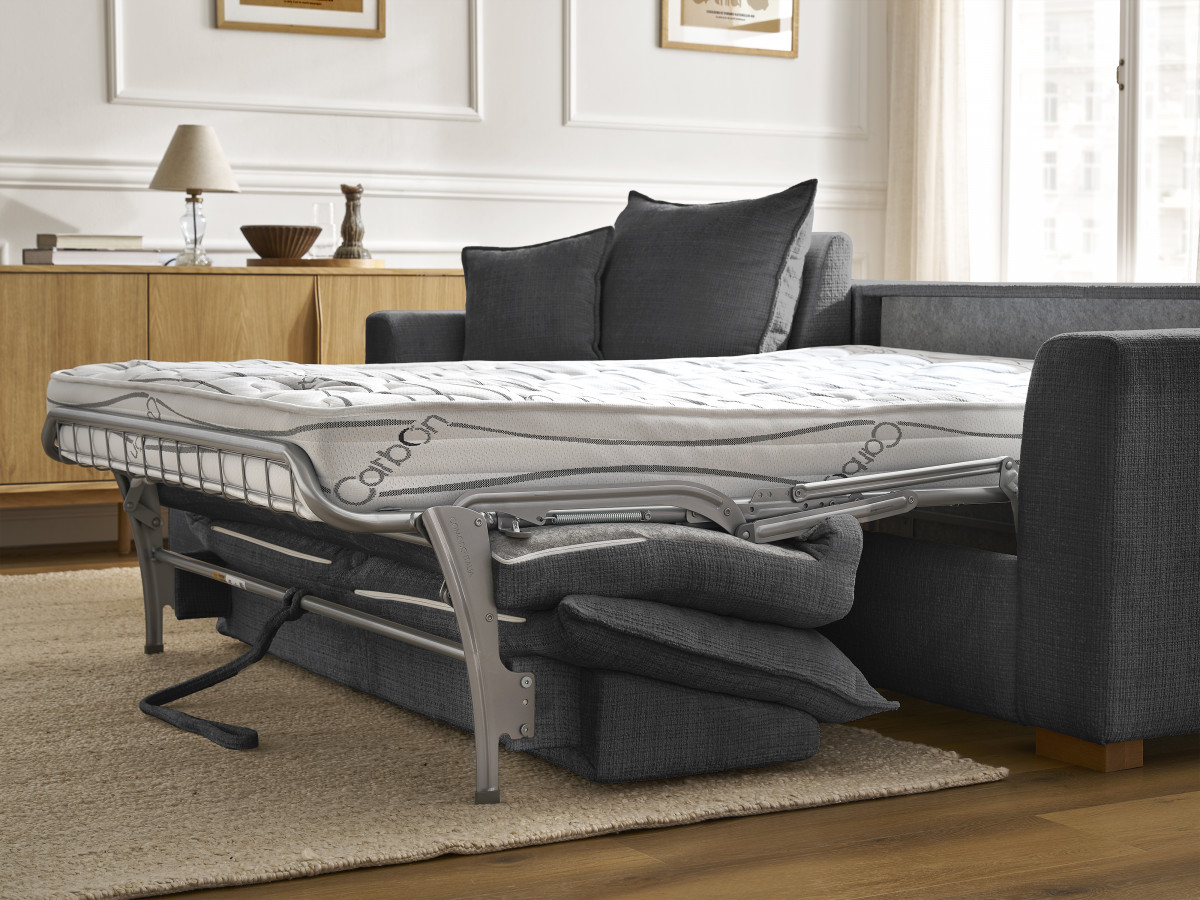 Bobochic Augustin Ecksofa mit Schlaffunktion und Bettkasten Strukturstoff Schwarz, Liegefläche 140 × 200 cm