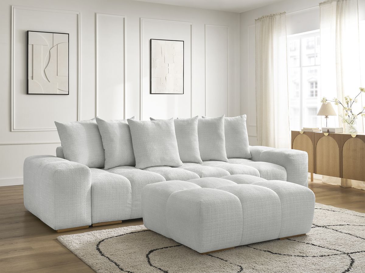Bobochic Anakin Sofa 3-Sitzer mit Pouf, 6 Kissen Strukturstoff Hellgrau