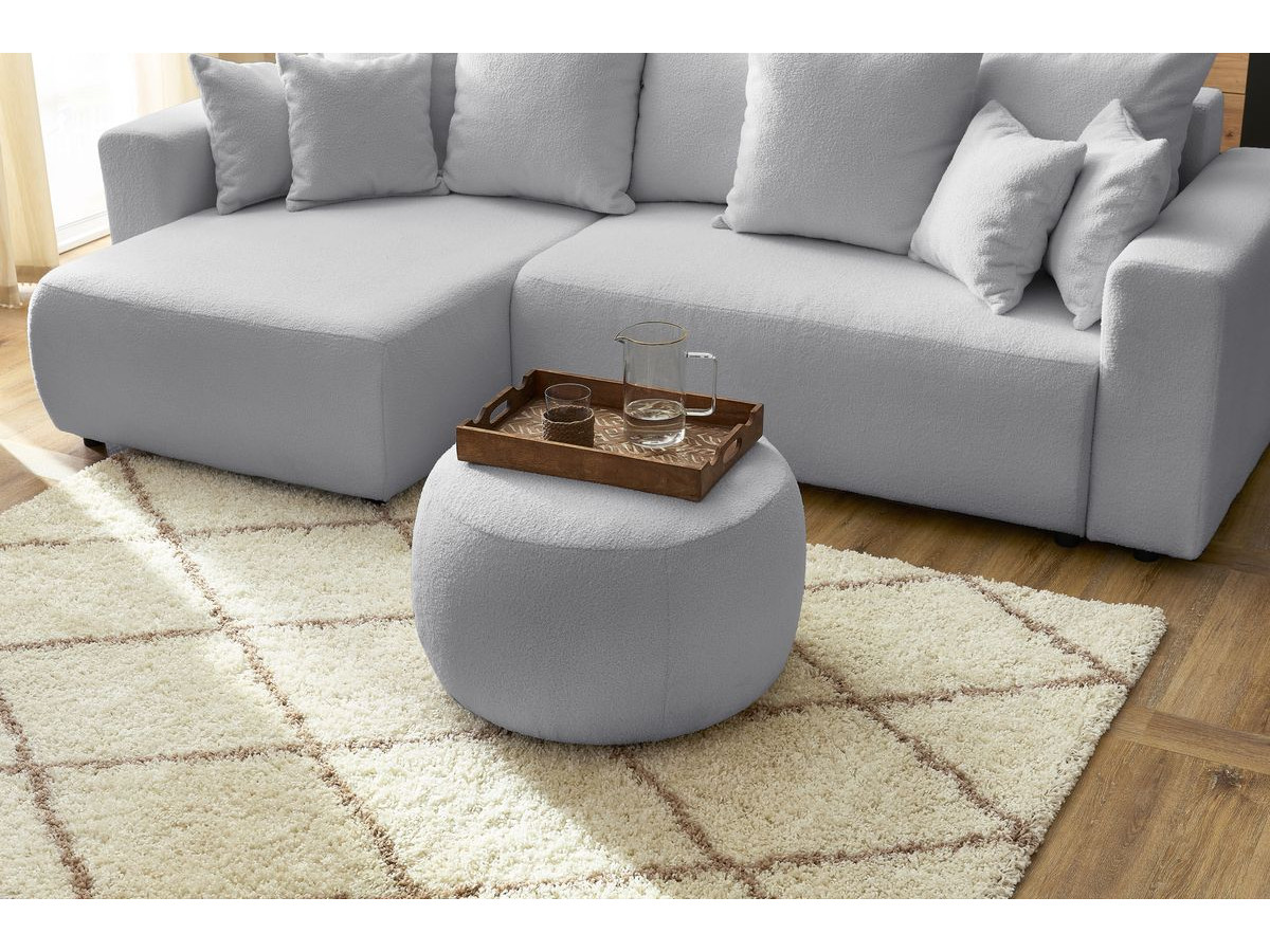 Bobochic Envy Ecksofa mit Schlaffunktion und Bettkasten und rundem Pouf Bouclé-Stoff Hellgrau