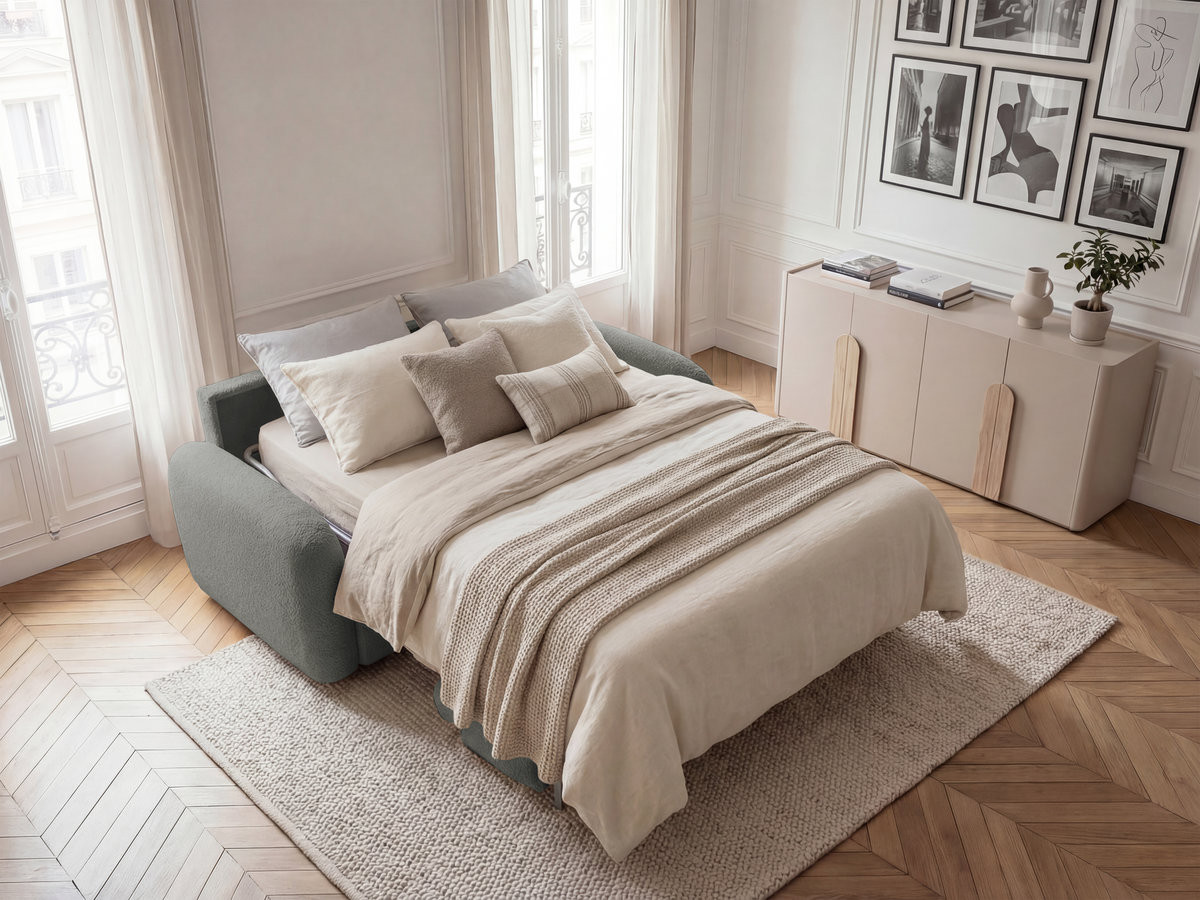 Bobochic Kenan Schlafsofa 3-Sitzer Bouclé-Stoff Dunkelgrau, Liegefläche 140 × 196 cm