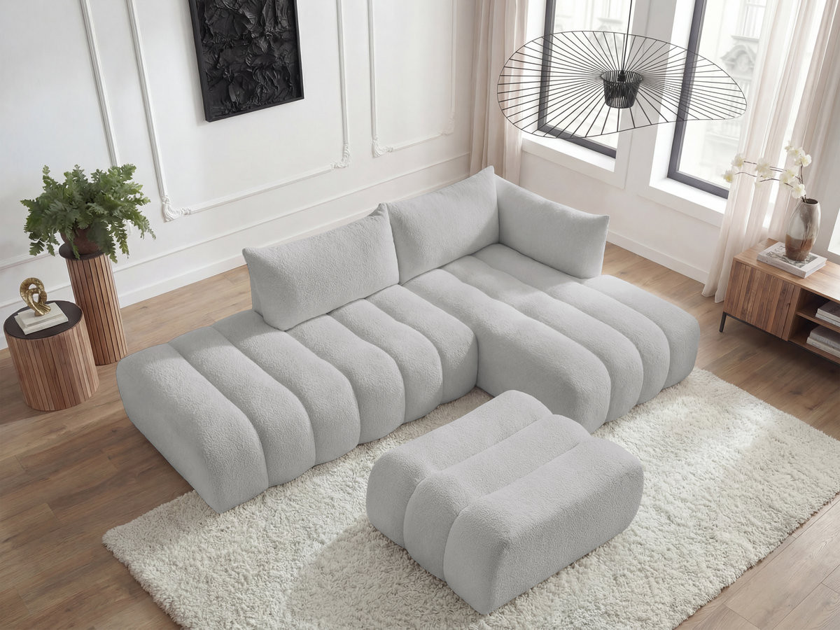 Bobochic Azra Ecksofa mit Pouf 319 × 178 cm Bouclé-Stoff Hellgrau Ecke rechts