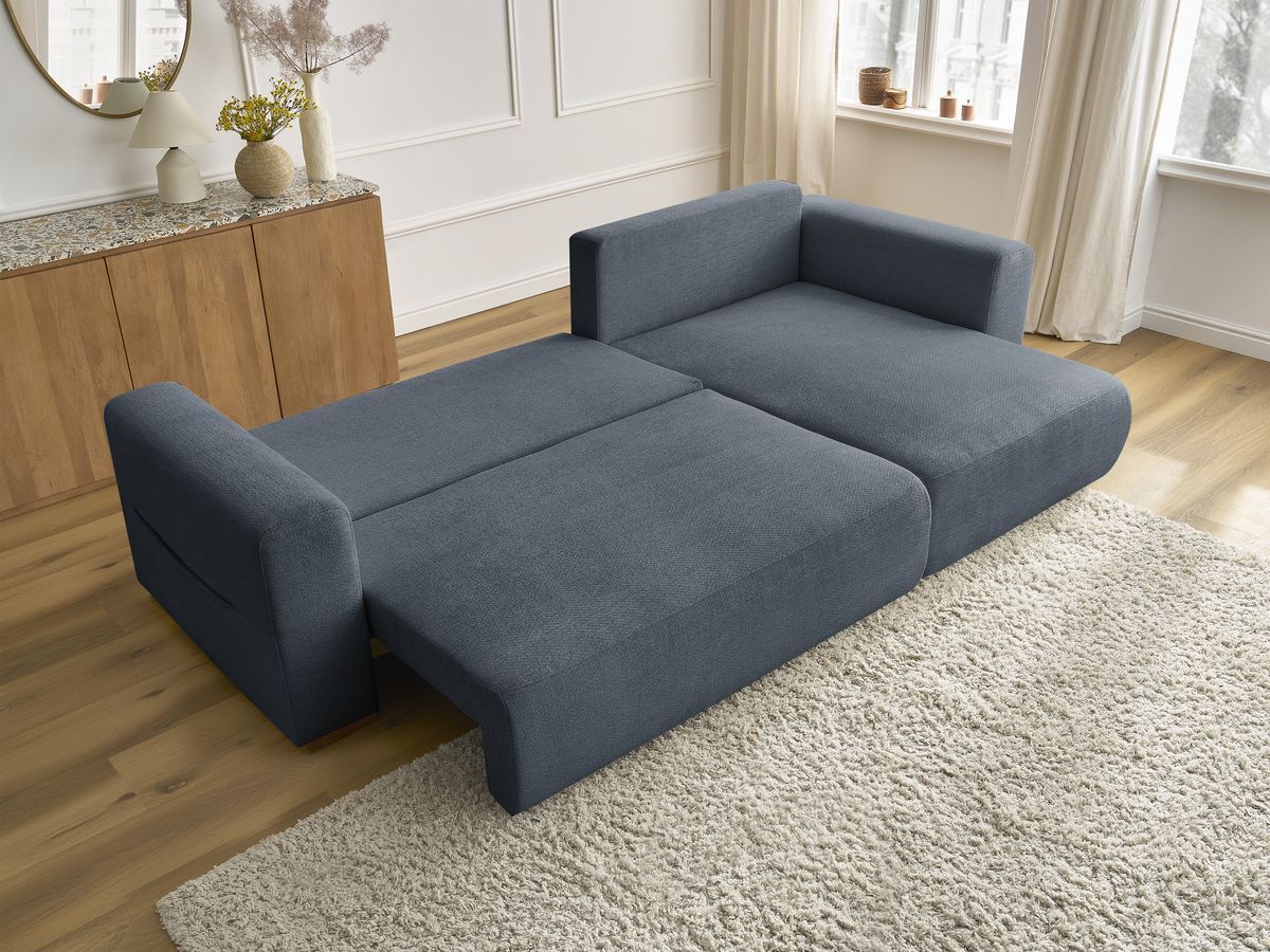 Bobochic Sidonie Ecksofa mit Schlaffunktion und Bettkasten Melange-Stoff Dunkelblau