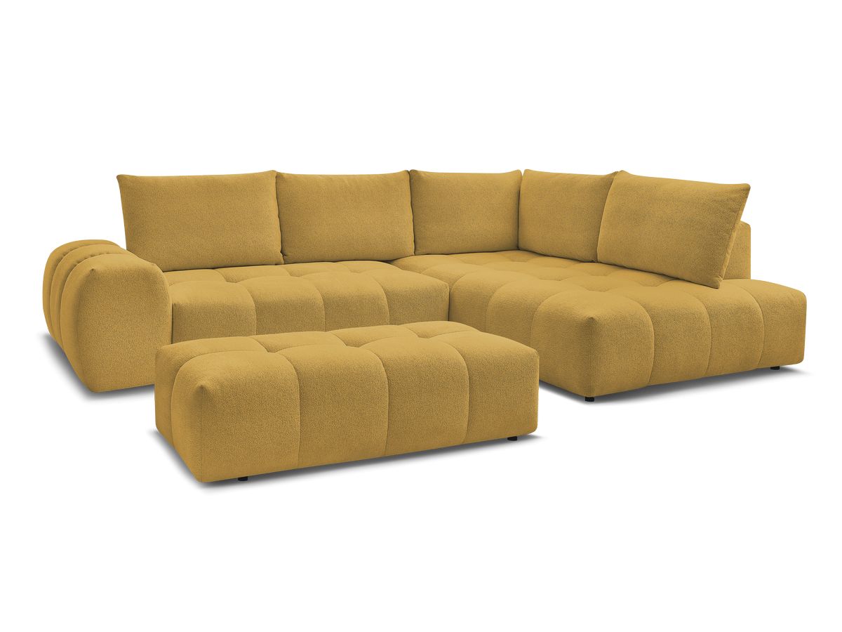 Bobochic Everest Ecksofa mit Schlaffunktion und Bettkasten und Pouf 320 × 212 cm, 5 Kissen Melange-Stoff Gelb Ecke rechts