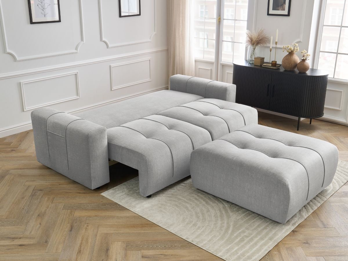 Bobochic Arsene Schlafsofa 4-Sitzer mit Bettkasten und Pouf Samt Hellgrau