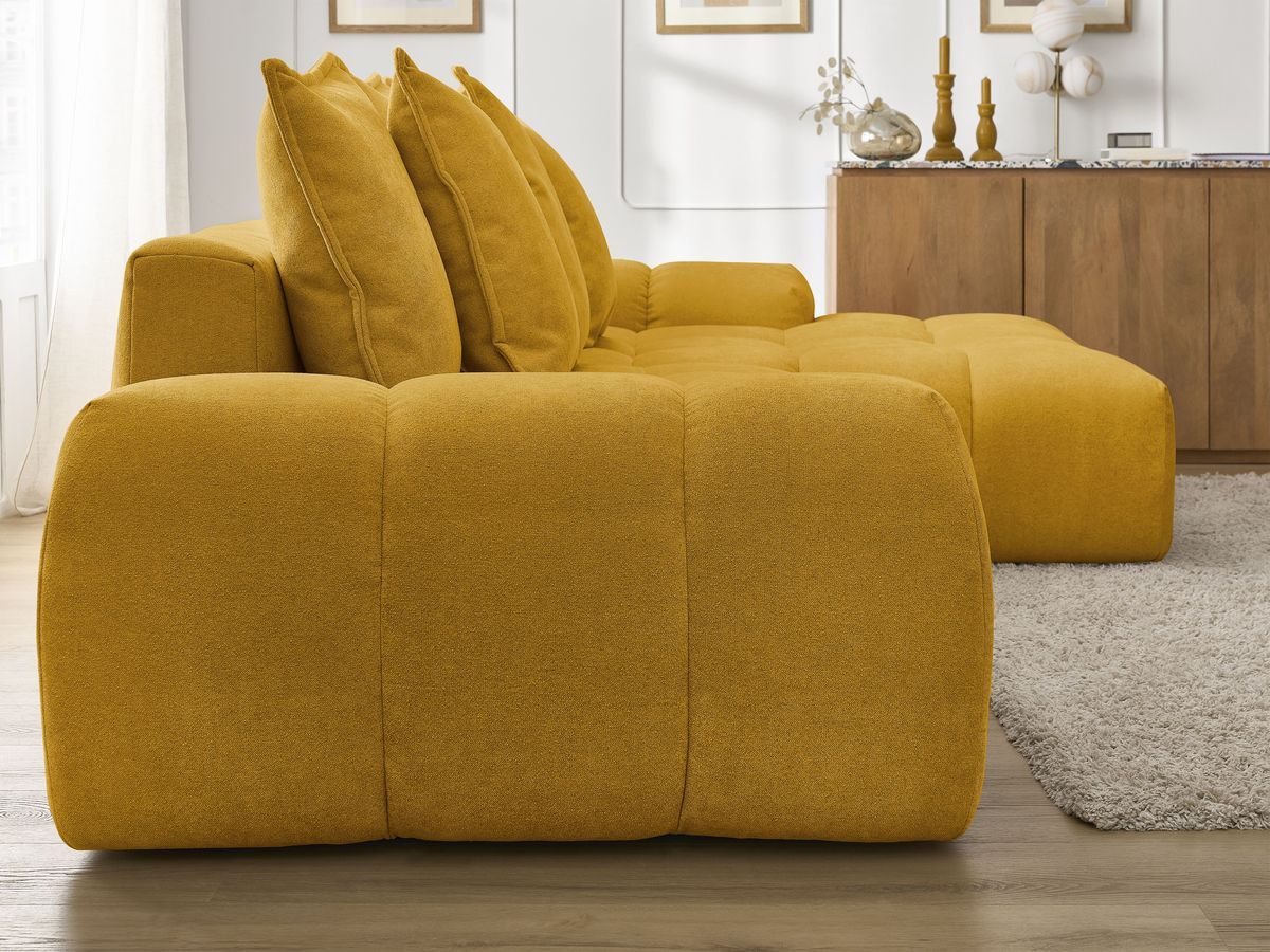 Bobochic Everest Ecksofa mit Schlaffunktion und Bettkasten 318 × 180 cm, 7 Kissen Strukturstoff Gelb Ecke rechts