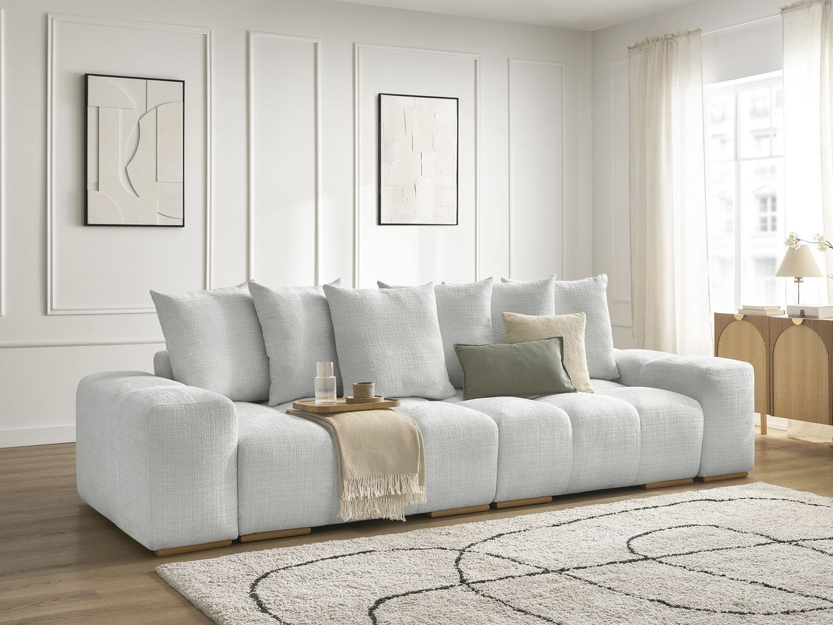 Bobochic Anakin Schlafsofa 3-Sitzer mit Bettkasten, 6 Kissen Strukturstoff Hellgrau