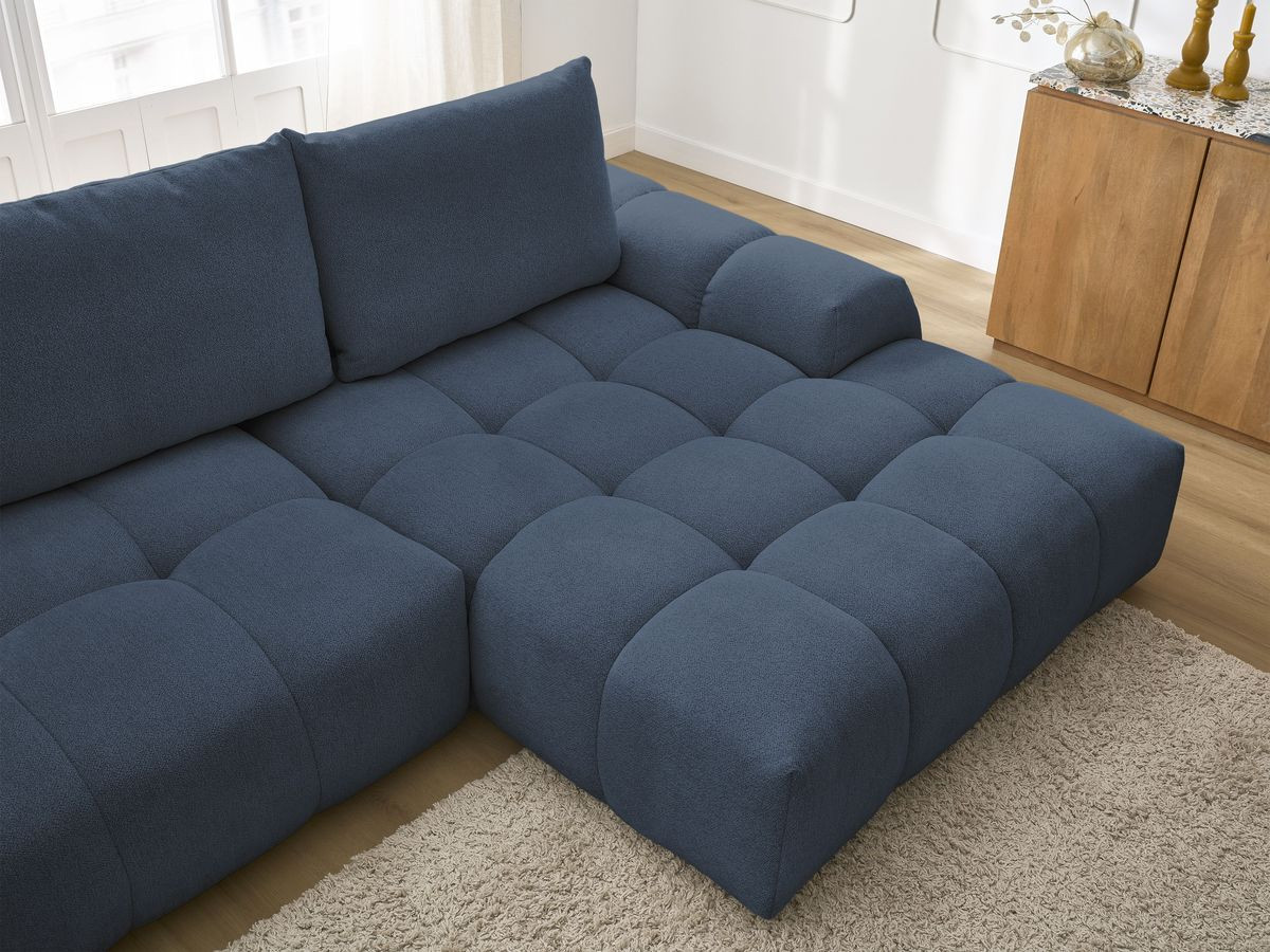 Bobochic Everest Ecksofa mit Schlaffunktion und Bettkasten 318 × 180 cm, 3 Kissen Melange-Stoff Dunkelblau Ecke rechts