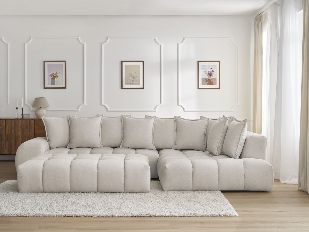 Bobochic Everest Ecksofa mit Schlaffunktion und Pouf, 10 Kissen Strukturstoff Beige Ecke rechts