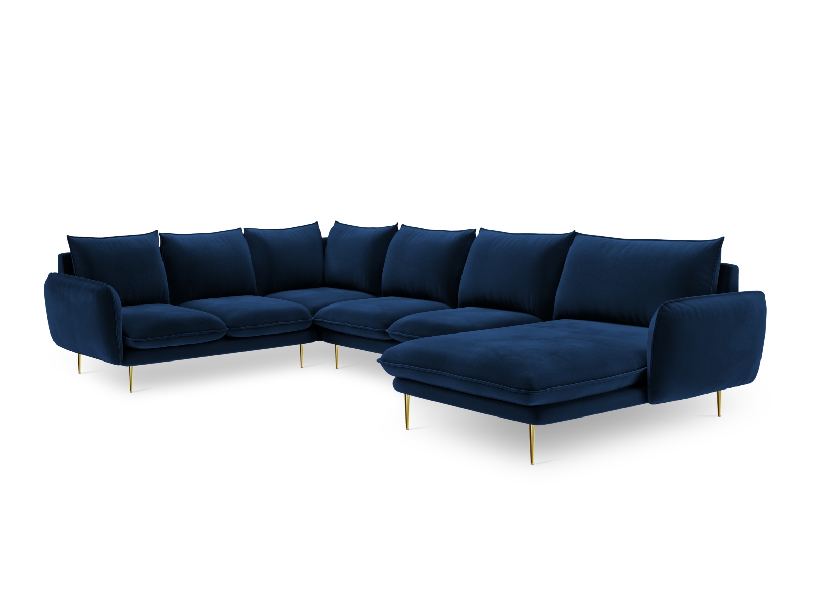 Cosmopolitan Design Panoramasofa Vienna 7-Sitzer Samt Bluvel Königsblau Links Beine Gold