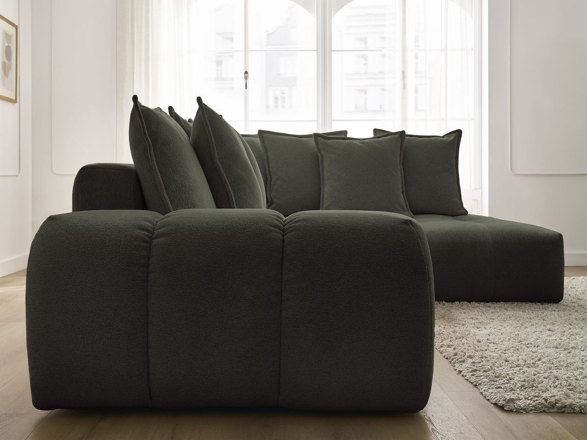 Bobochic Everest Ecksofa mit Schlaffunktion und Bettkasten 320 × 212 cm, 10 Kissen Melange-Stoff Grün Ecke rechts