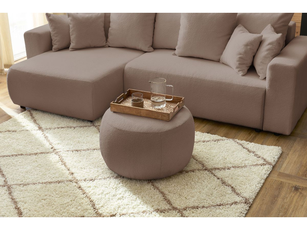Bobochic Envy Ecksofa mit Schlaffunktion und Bettkasten und rundem Pouf Bouclé-Stoff Braun