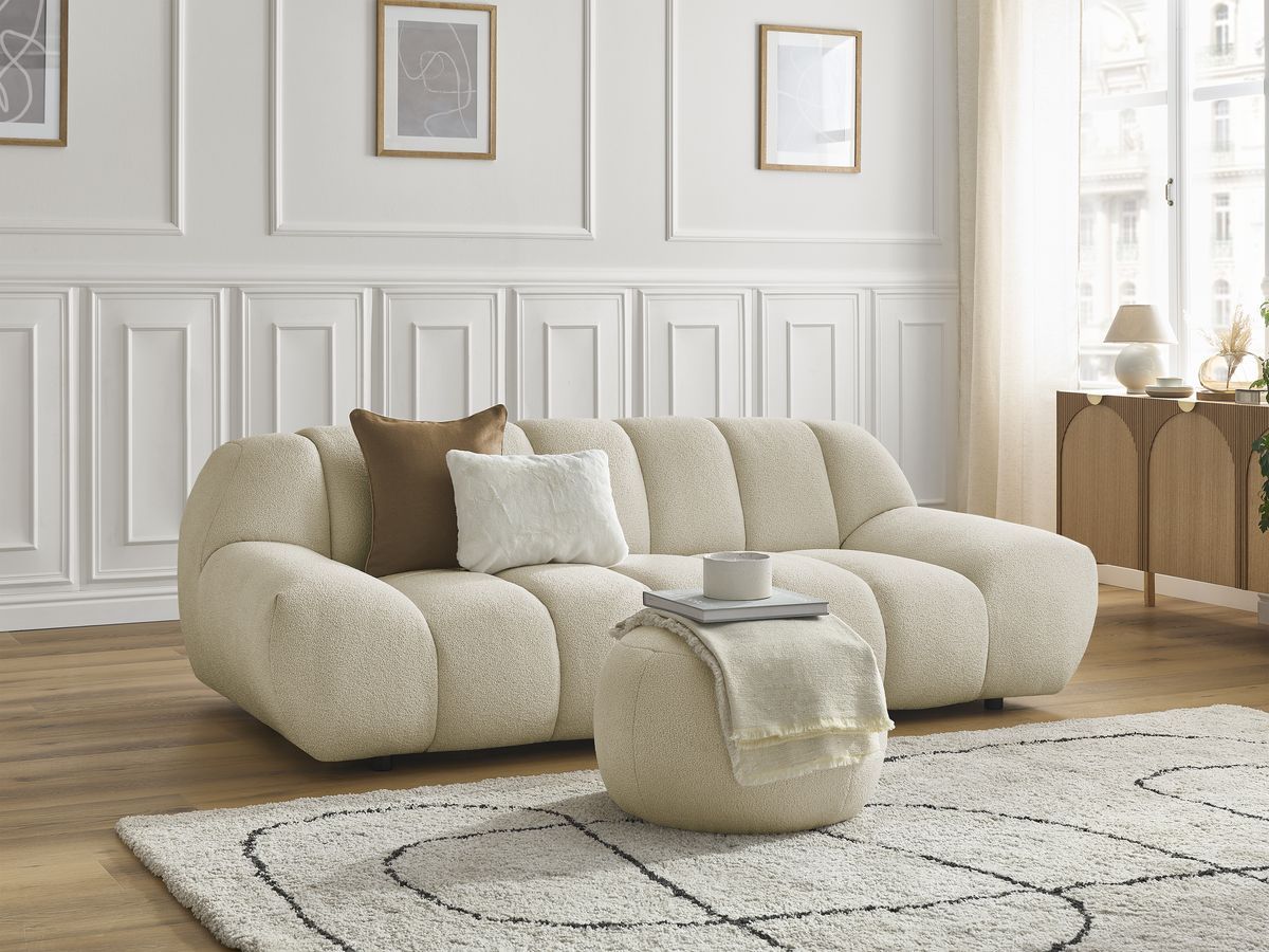 Bobochic Hayden Sofa 3-Sitzer mit Pouf 226 × 107 cm Bouclé-Stoff Beige