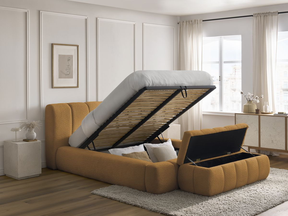 Bobochic Denali Polsterbett mit Bettkasten mit Bettbank Bouclé-Stoff Gelb, Liegefläche 160 × 200 cm