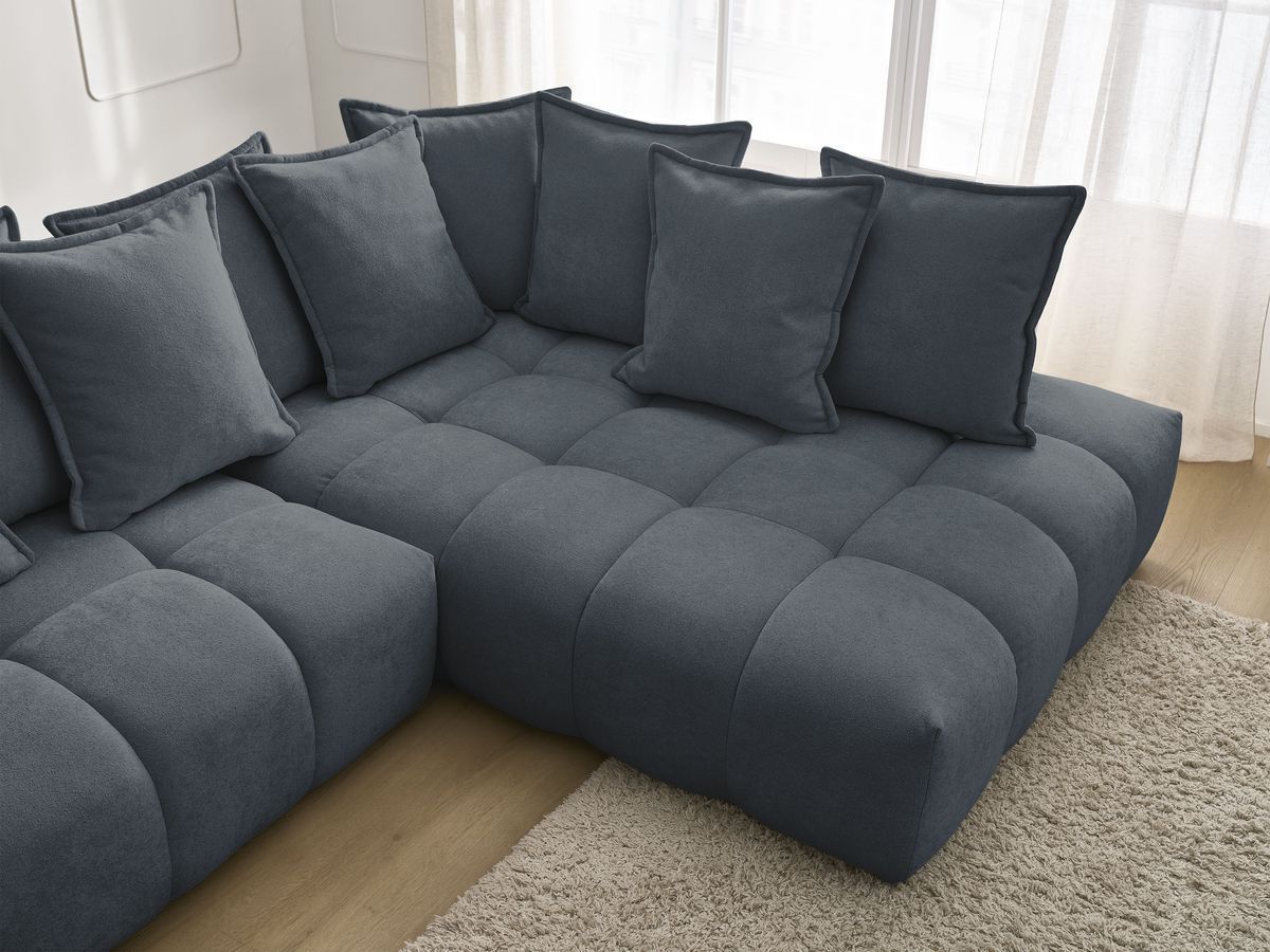 Bobochic Everest Ecksofa mit Schlaffunktion und Bettkasten 320 × 212 cm, 10 Kissen Strukturstoff Dunkelblau Ecke rechts