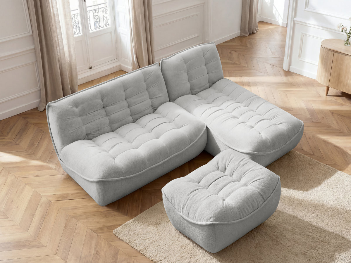Bobochic Serena Ecksofa mit Pouf Melange-Stoff Hellgrau