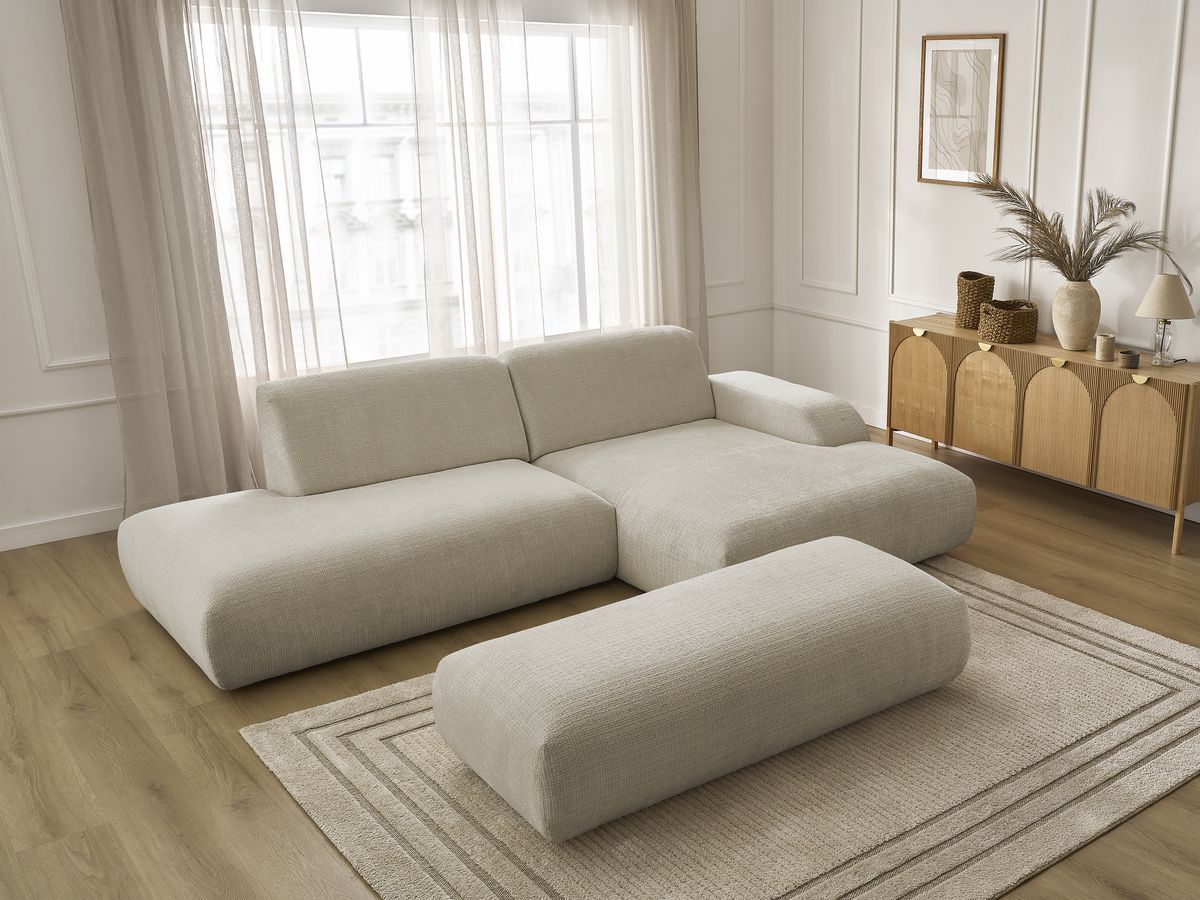 Bobochic Sirius Ecksofa mit Pouf 300 × 170 cm Strukturstoff Beige Ecke rechts
