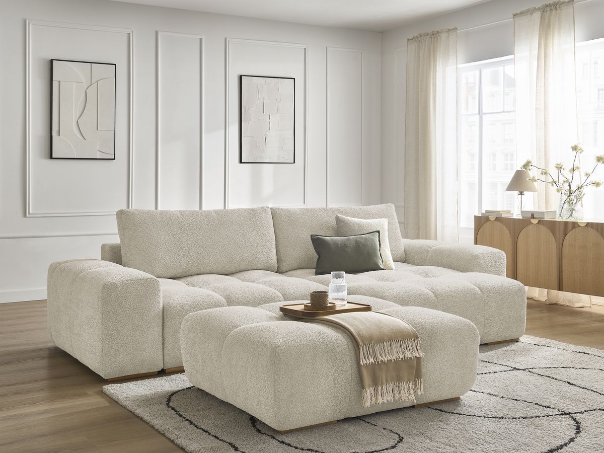 Bobochic Anakin Ecksofa mit Pouf, 2 Kissen Bouclé-Stoff Beige