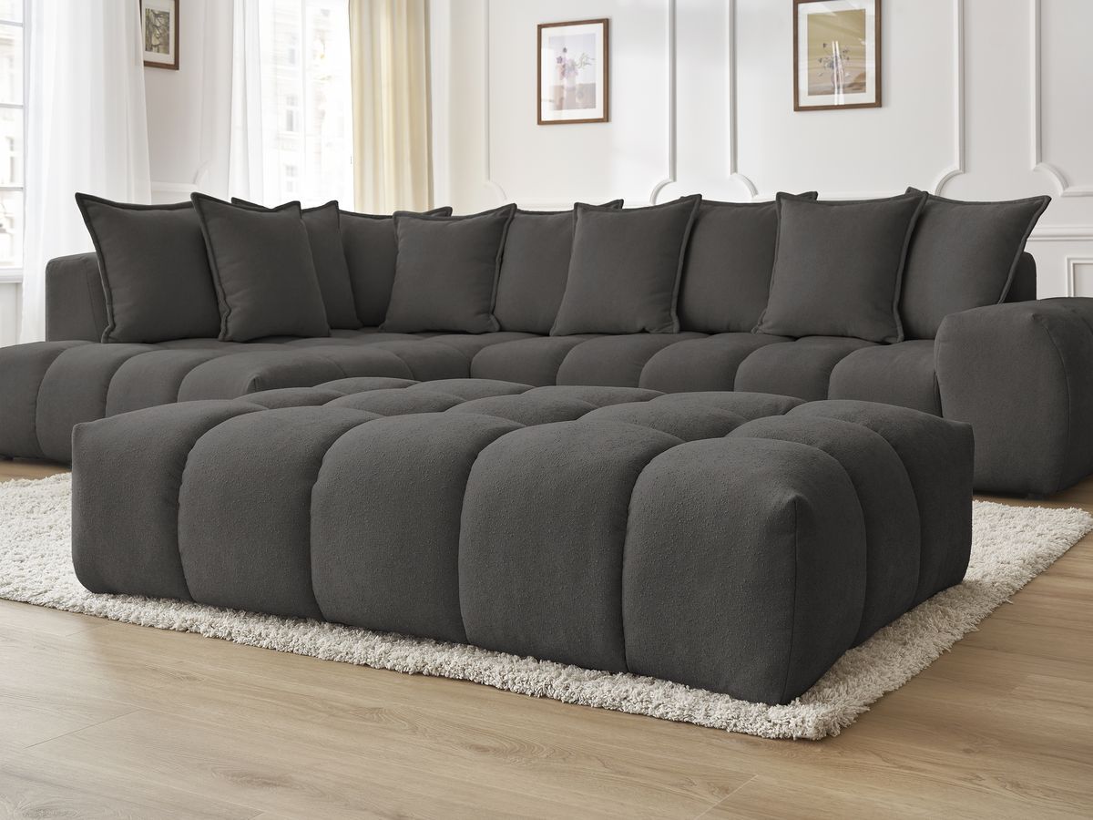 Bobochic Everest Ecksofa mit Schlaffunktion und Pouf, 10 Kissen Strukturstoff Dunkelgrau Ecke links