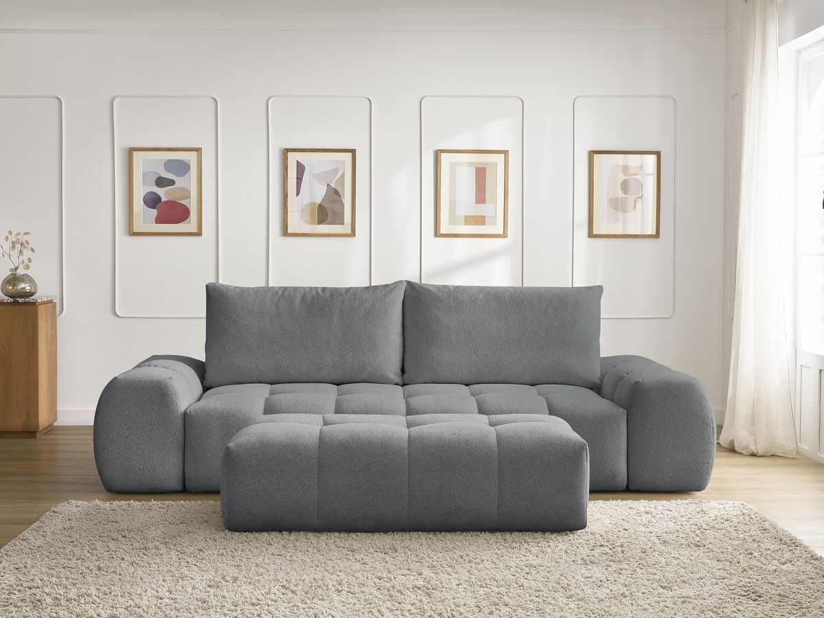 Bobochic Everest Sofa 3-Sitzer mit Pouf, 2 Kissen Melange-Stoff Dunkelgrau