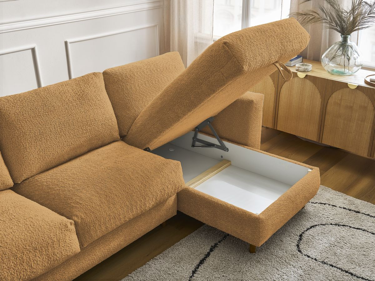 Bobochic Cocoone Ecksofa mit Schlaffunktion und Bettkasten Bouclé-Stoff Gelb, Liegefläche 140 × 200 cm