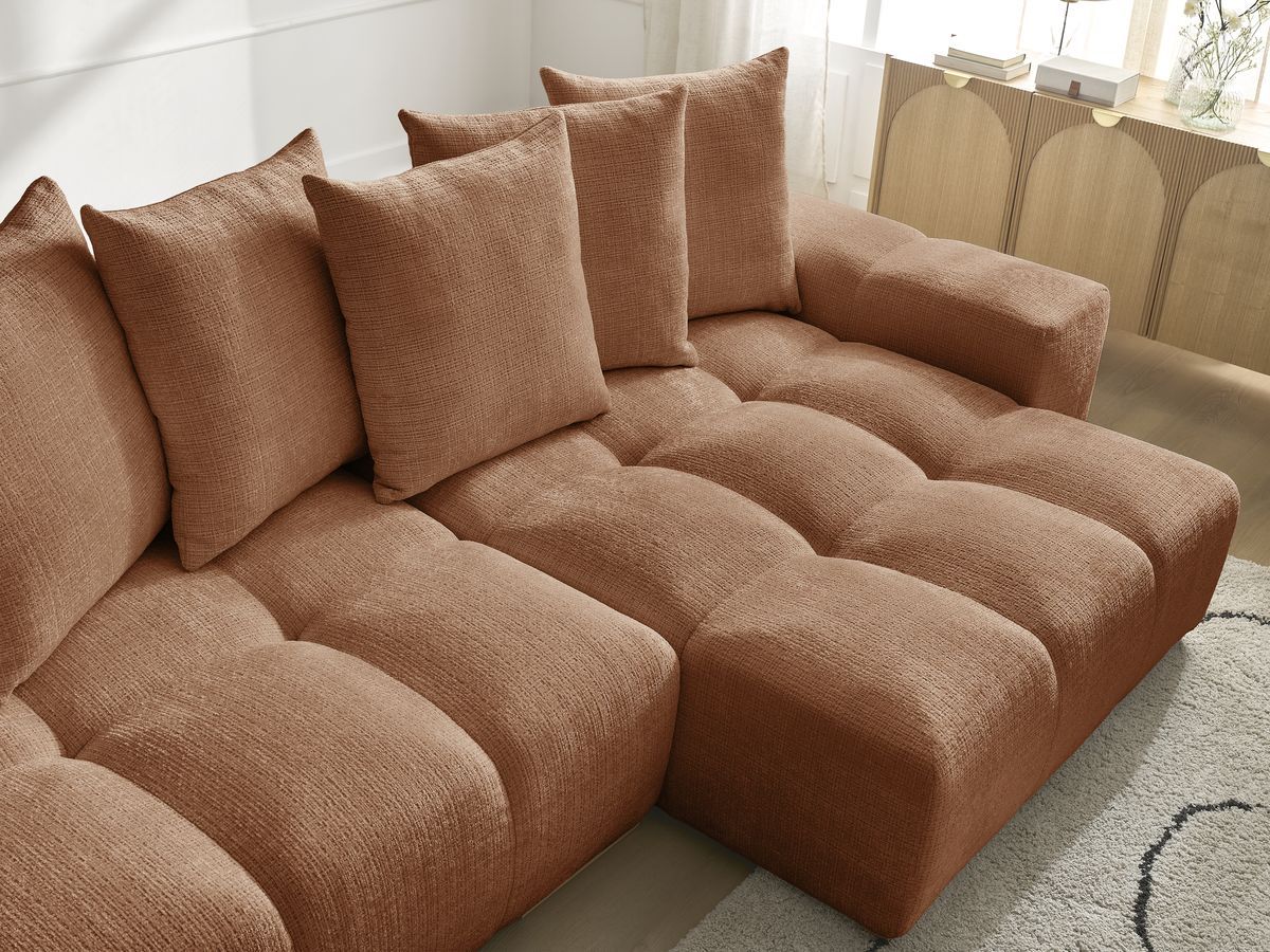 Bobochic Anakin Ecksofa mit Schlaffunktion und Bettkasten, 6 Kissen Strukturstoff Orange