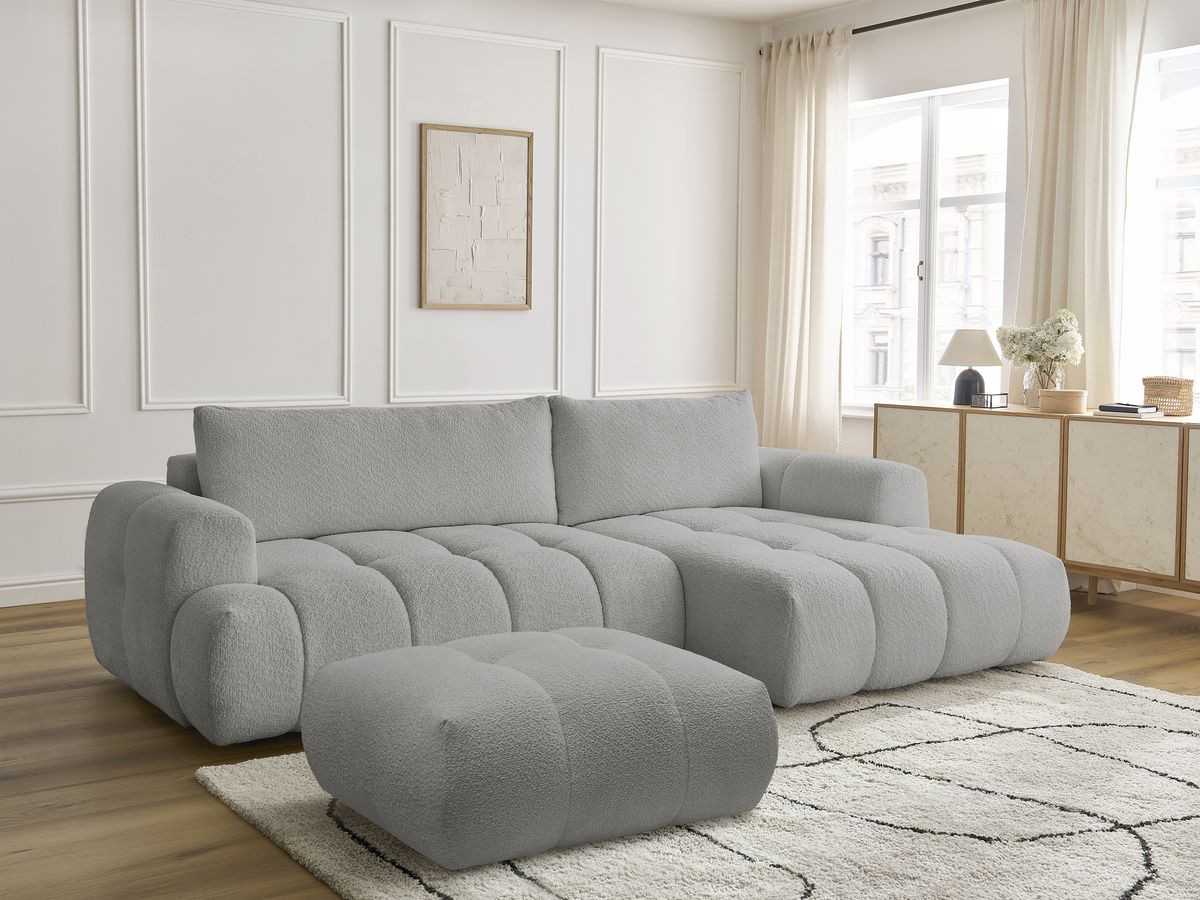 Bobochic Fuji Ecksofa mit Schlaffunktion und Bettkasten und Pouf 292 × 160 cm Bouclé-Stoff Hellgrau Ecke rechts