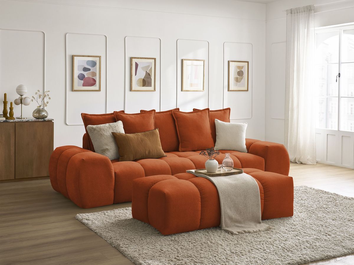 Bobochic Everest Schlafsofa 3-Sitzer mit Bettkasten und Pouf, 5 Kissen Strukturstoff Orange