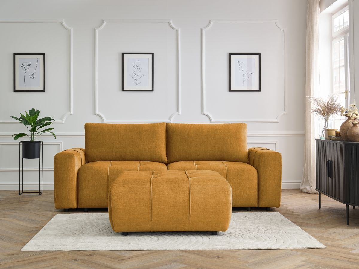 Bobochic Arsene Schlafsofa 4-Sitzer mit Bettkasten und Pouf Samt Gelb