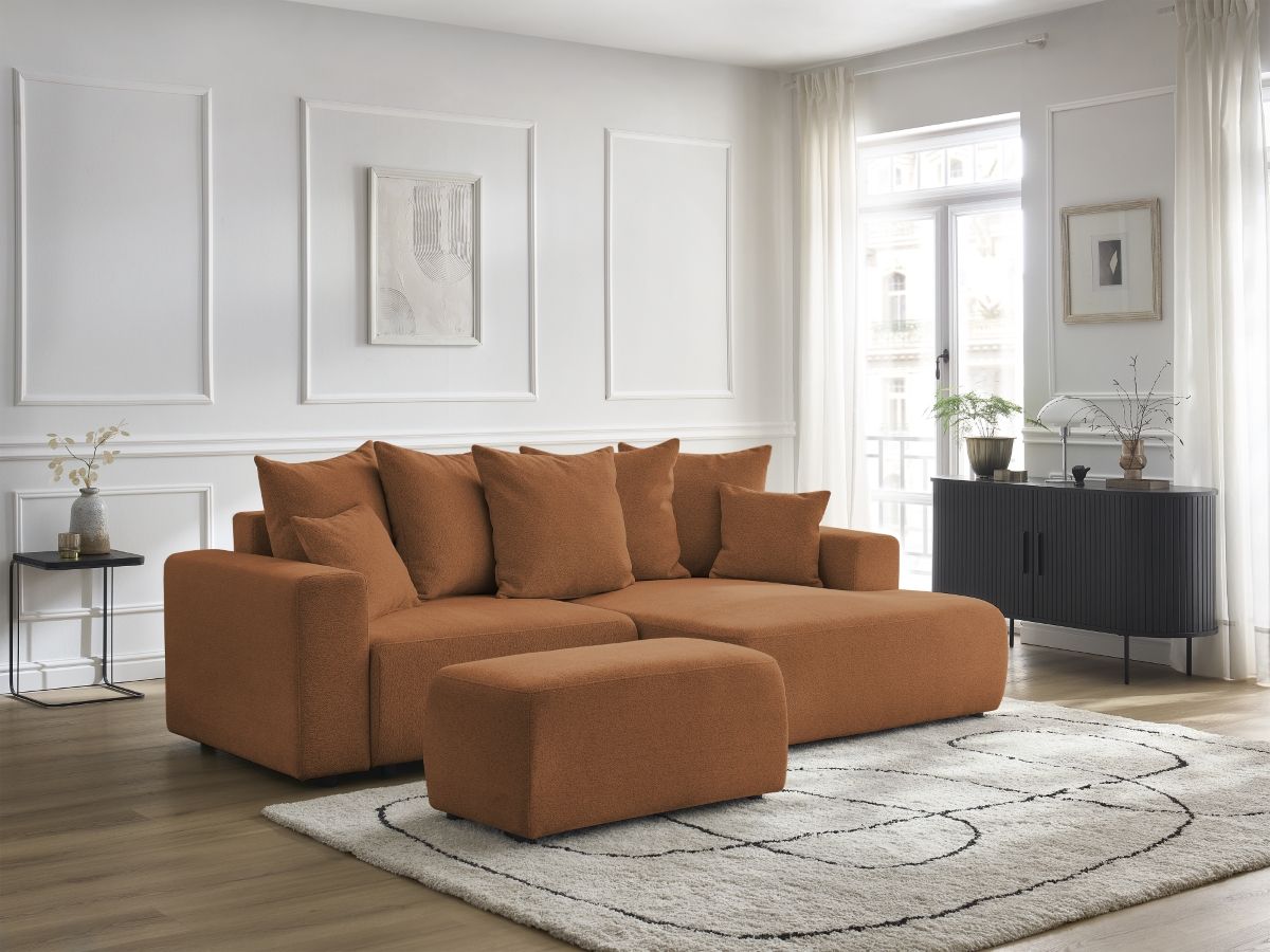 Bobochic Atilla Ecksofa mit Schlaffunktion und Bettkasten und Pouf Melange-Stoff Orange Ecke rechts