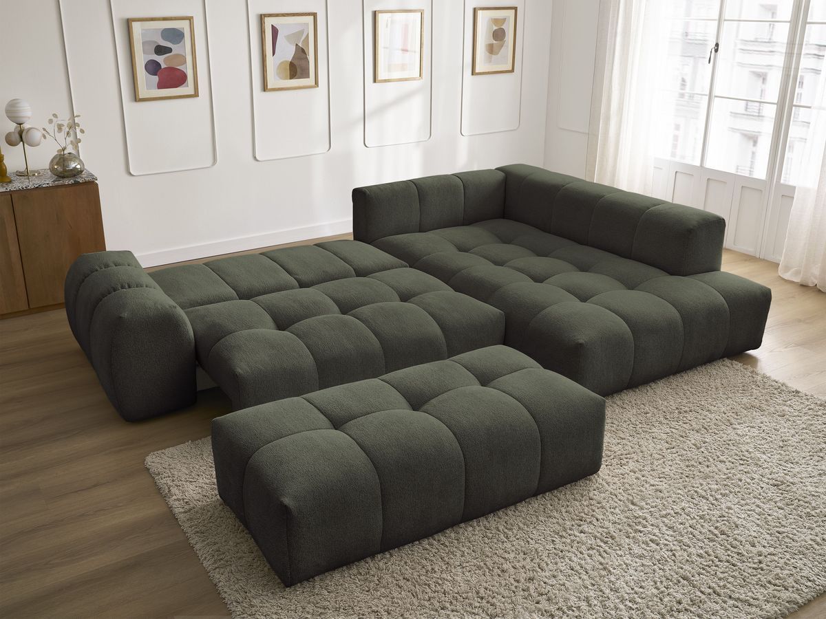 Bobochic Everest Ecksofa mit Schlaffunktion und Bettkasten und Pouf 320 × 212 cm, 5 Kissen Melange-Stoff Grün Ecke rechts