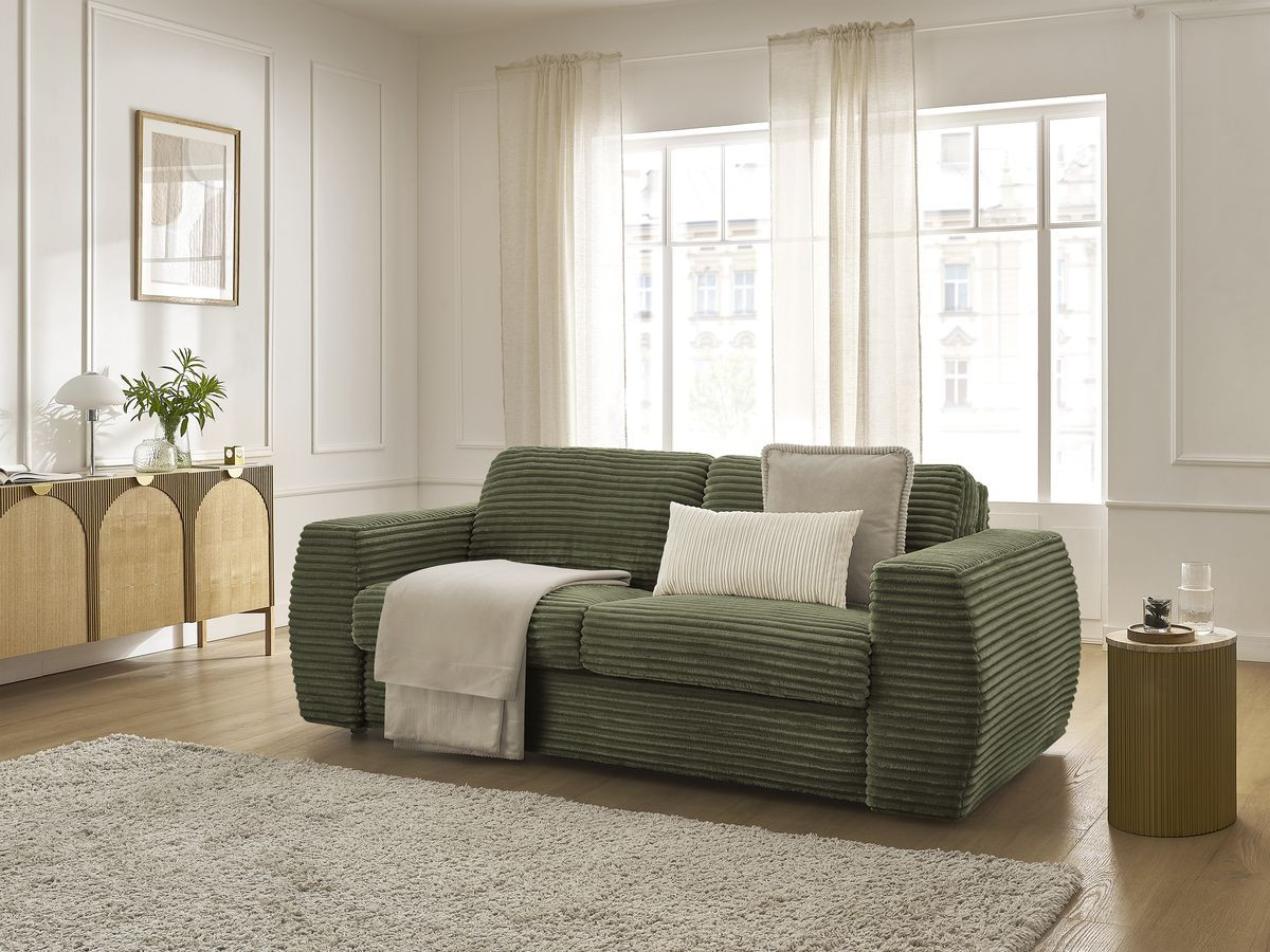 Bobochic Hugo Schlafsofa 3-Sitzer Cordsamt Grün, Liegefläche 140 × 190 cm