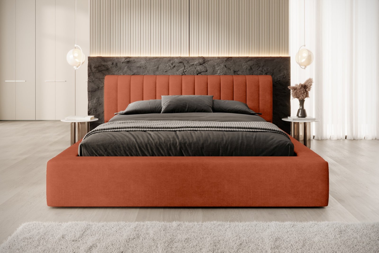 Polsterbett Faroa Samtstoff 180x200 mit Metallrahmen Macau Brick