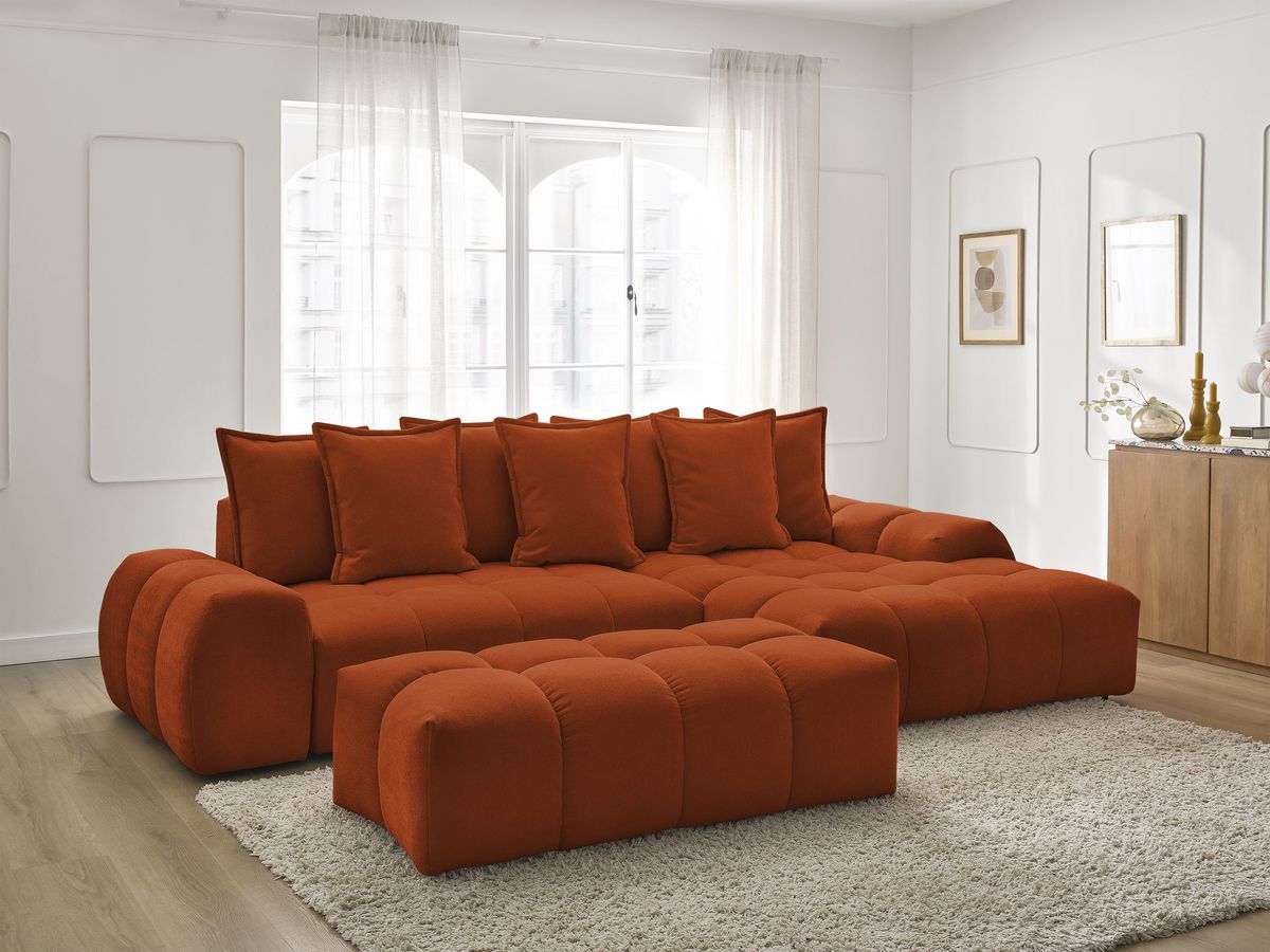 Bobochic Everest Ecksofa mit Schlaffunktion und Bettkasten und Pouf 318 × 180 cm, 7 Kissen Strukturstoff Orange Ecke rechts